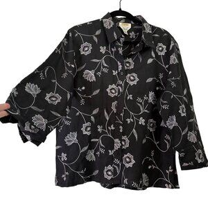 Talbots Women's Irish Linen Black Blouse Floral Embroidery 3/4 Sleeve Size Large